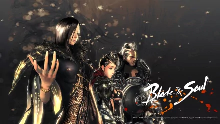 HD PC desktop wallpaper featuring characters from the video game Blade & Soul in a dark, atmospheric setting with falling petals.