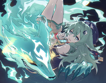 HD PC desktop wallpaper featuring Huohuo from Honkai: Star Rail, depicted with flowing hair and a glowing spectral wolf against a dynamic, vibrant background.