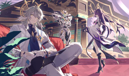 HD PC desktop wallpaper featuring Acheron, Sam, and Sunday from Honkai: Star Rail in a detailed, elegant setting.