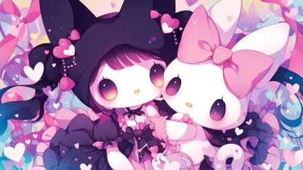 HD Anime desktop wallpaper featuring the adorable characters Kuromi and My Melody from Onegai My Melody, surrounded by a heart-filled background in pastel colors.