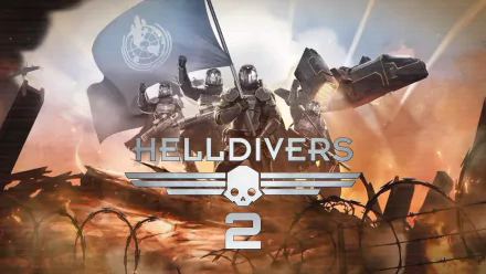 HD desktop wallpaper featuring Helldivers 2 video game with soldiers in futuristic armor standing before a war-torn backdrop and game logo.