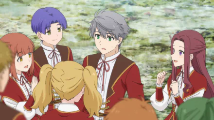 A vibrant HD wallpaper from Villainess Level 99, featuring a group of characters in elegant outfits, engaged in a lively conversation against a lush backdrop.