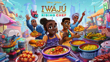 HD wallpaper of Disney's Iwájú TV show featuring animated characters in a vibrant market setting, emphasizing the theme 'Rising Chef'.