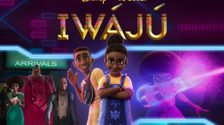 Hd desktop wallpaper featuring characters from the animated TV show 'Iwájú' with vibrant graphics and logo.