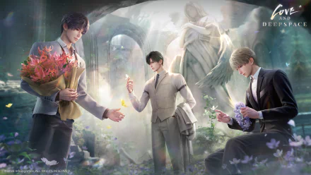HD wallpaper featuring stylized characters from the video game 'Love and Deepspace' set in a fantastical garden scene for desktop background.