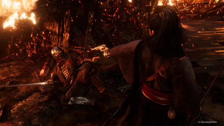 HD wallpaper featuring a scene from the video game Rise of the Rōnin with a samurai warrior in a tense battle amid fiery ruins.