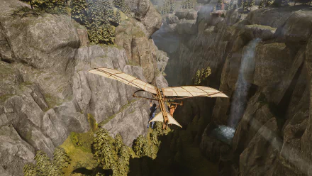 HD wallpaper featuring a scene from Brothers: A Tale of Two Sons Remake with characters gliding over a canyon using a makeshift hang glider in a breathtaking landscape for a desktop background.