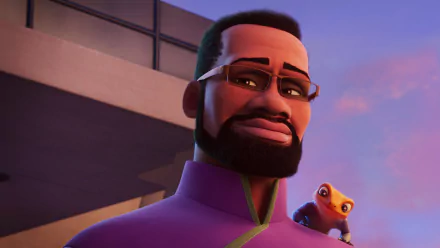 HD wallpaper featuring a character from the TV show Iwájú with a vibrant purple sunset background.