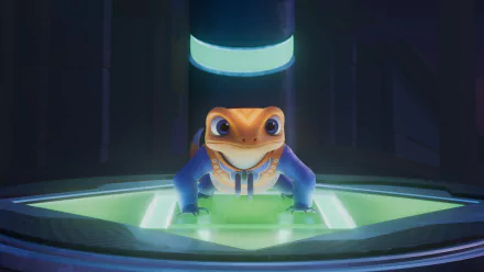 A vibrant HD wallpaper from the TV show Iwájú, featuring a cheerful, anthropomorphic frog standing confidently on a glowing platform under a bright light.