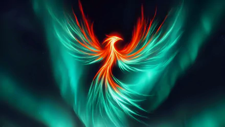 A vibrant 4K Ultra HD wallpaper depicting a fiery phoenix soaring against a glowing aurora borealis backdrop.