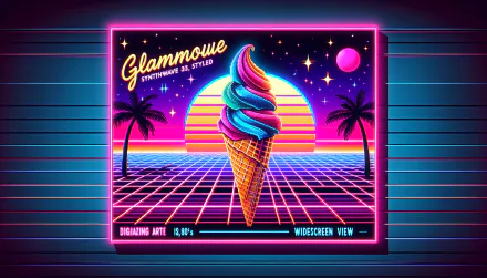 HD desktop wallpaper of a vibrant retro-futuristic ice cream cone design with neon colors and palm tree silhouettes, in a widescreen view.