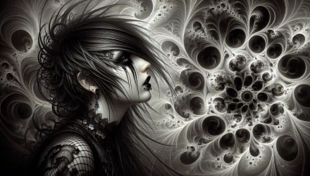 HD desktop wallpaper featuring an artistic illustration of an emo girl with intricate fractal designs in the background.