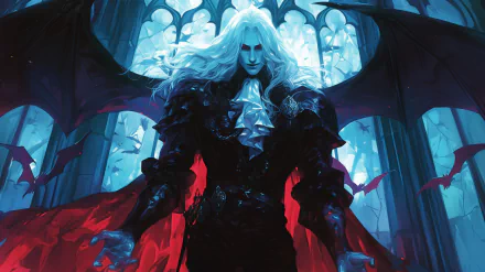 HD wallpaper of a fantasy vampire with striking white hair, dressed in elaborate dark clothing, standing ominously with a dramatic red and blue background.