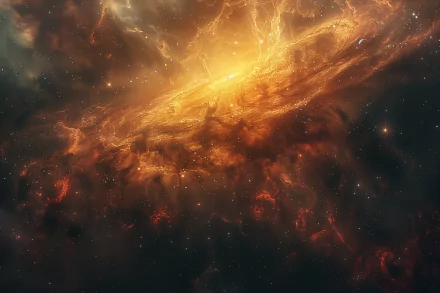 4K Ultra HD AI art Sci‑Fi galaxy: fiery orange-gold nebula swirling across the universe, stars scattered beneath as a PC desktop wallpaper background.