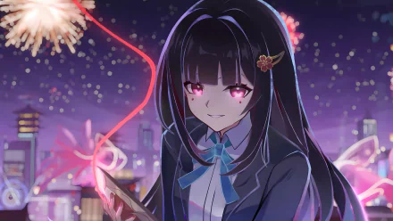 HD wallpaper of a character named Sparkle from the video game Honkai: Star Rail, with a vibrant night scene featuring fireworks in the background.