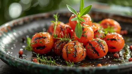 A close-up of vibrant cherry tomatoes on a dark plate, garnished with herbs and seasoning, creating a fresh and appetizing HD desktop wallpaper.