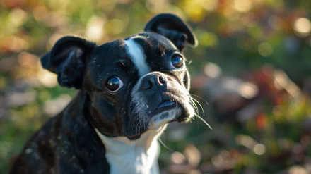 HD wallpaper featuring a close-up of a Boston Terrier with a thoughtful expression, set against a soft-focused autumn background.