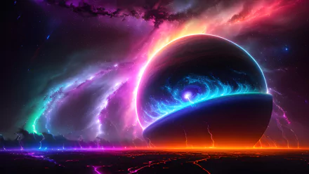 A vibrant digital 4K Ultra HD wallpaper of a glowing planet against a swirling galaxy and bright stars in deep space.