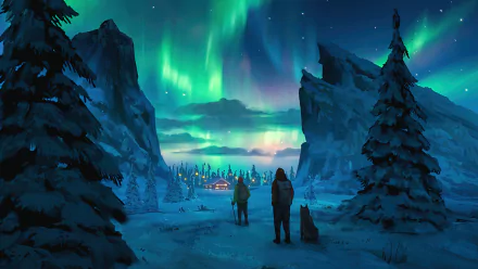 A digital 4K Ultra HD landscape of a mountainous snowy terrain under a vibrant aurora-lit sky, featuring two people and a dog exploring the winter wilderness.