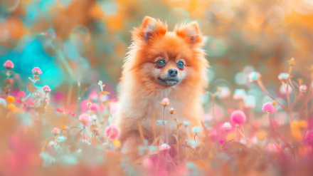 HD desktop wallpaper featuring a fluffy Pomeranian dog amidst colorful flowers with a soft-focus background.