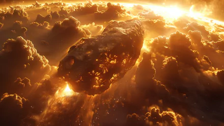A striking HD desktop wallpaper featuring a glowing meteorite soaring through vibrant clouds, illuminated by a dramatic cosmic sunset.