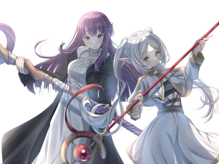 Anime-style 4K Ultra HD wallpaper featuring Frieren and Fern from Frieren: Beyond Journey's End, showcasing dynamic poses with weapons against a bright background.