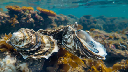 HD desktop wallpaper of an open oyster amidst seaweed and coral in an underwater scene.