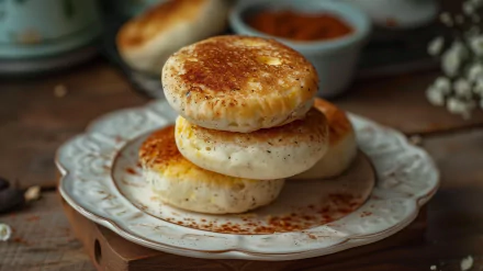 Three golden-brown English muffins stacked on a decorative plate, with a bowl of spices in the background, creating a warm and inviting HD desktop wallpaper.