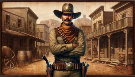 Sheriff in cowboy attire standing in Wild West town, HD desktop wallpaper and background.