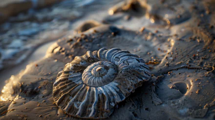 Ammonite fossil in the sand HD wallpaper background.