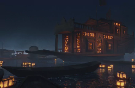 HD wallpaper featuring a scene from The Pirate Queen: A Forgotten Legend video game with an illuminated ship at night.