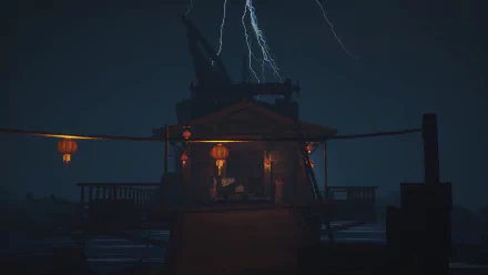 HD wallpaper of 'The Pirate Queen: A Forgotten Legend' video game featuring a ship deck scene with lightning in the background.