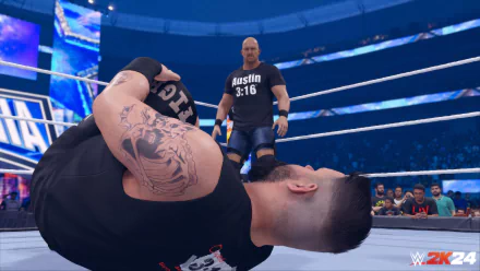 HD wallpaper of WWE 2K24 video game featuring a wrestling match in action inside the ring.