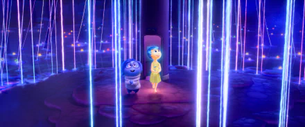 HD wallpaper of Inside Out 2 movie featuring animated characters Joy and Sadness exploring a colorful memory landscape.