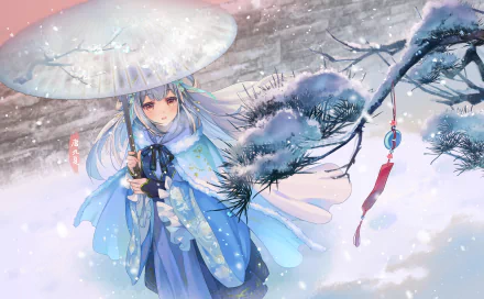 4K Ultra HD anime girl standing in a snowy landscape, holding a traditional umbrella with delicate snowflakes falling around, creating a serene and ethereal atmosphere.