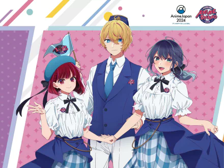 HD anime desktop wallpaper featuring Kana Arima, Akane Kurokawa, and Aquamarine Hoshino from Oshi no Ko, styled with vibrant colors and dynamic poses.