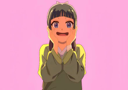 HD PC desktop wallpaper featuring Maomao from the anime The Apothecary Diaries, smiling brightly against a pink background.