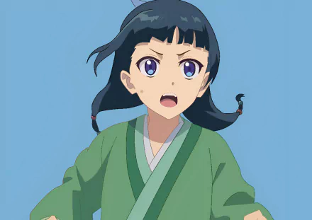 HD PC desktop wallpaper featuring Maomao from the anime The Apothecary Diaries, depicted with an intense expression against a plain blue background.