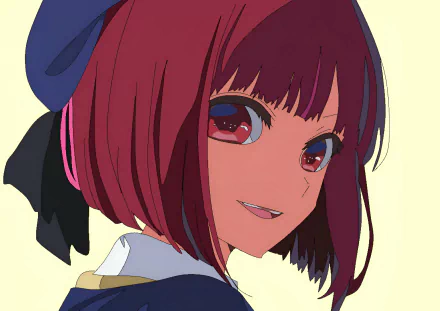 HD anime wallpaper featuring Kana Arima from Oshi no Ko with her distinct red hair and confident expression against a plain background.