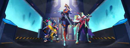 HD desktop wallpaper featuring three animated characters from the video game Riftstorm, poised for action in a futuristic corridor setting.