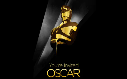 A striking HD wallpaper featuring the iconic Oscar statue with a black and gold color scheme, inviting viewers to the Academy Awards.