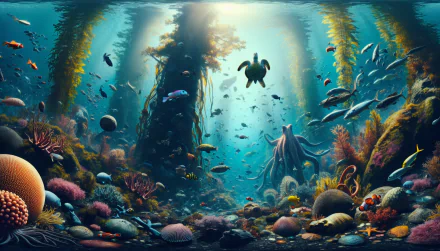 HD underwater marine life desktop wallpaper featuring a vibrant coral reef with fish, a turtle, and an octopus.