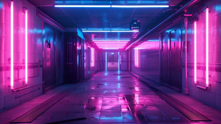 HD Wallpaper of a Neon-Lit Interior Hallway with a Futuristic Aesthetic for Desktop Background
