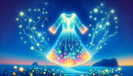 HD wallpaper of a glowing summer dress design with a magical, starlit background.