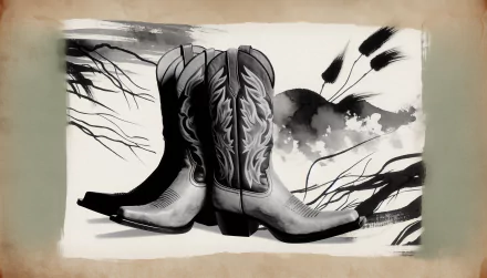 HD wallpaper featuring an artistic illustration of cowboy boots with elegant designs, set against a backdrop with brushstroke-style imagery suggestive of a Western scene.