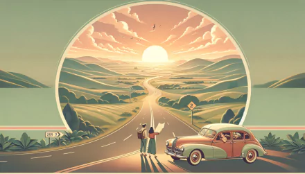 HD wallpaper featuring a vintage road trip scene with a classic car and travelers on a picturesque countryside road at sunset.