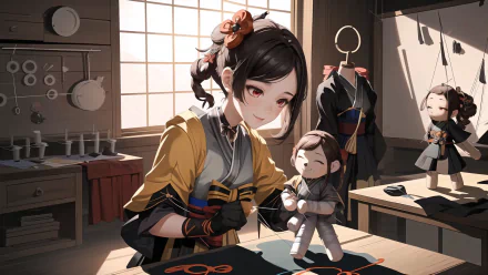 Chiori from Genshin Impact is depicted in a warm, creative setting, carefully sewing a doll, surrounded by traditional garments, blending art and craftsmanship in this HD wallpaper.