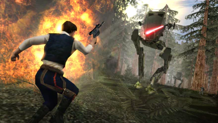 HD wallpaper of Star Wars: Battlefront Classic Collection video game featuring a Rebel soldier facing off against an Imperial AT-ST walker in a forest battle scene.