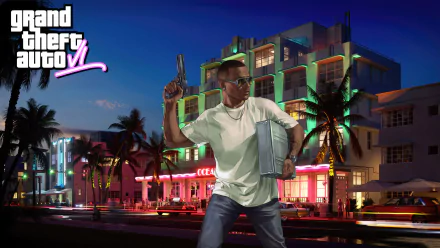 High-definition desktop wallpaper featuring a scene from Grand Theft Auto VI with vibrant city backdrop and game logo.