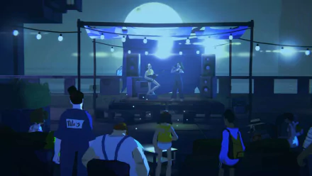 A vibrant HD wallpaper from the video game Highwater, featuring a lively performance on stage under glowing blue lights, with an audience enjoying the scene in a captivating setting.